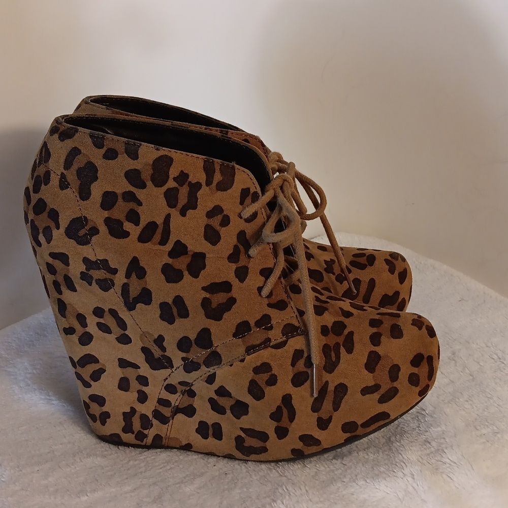 Soda Leopard Print Wedge Ankle Boots - image 5